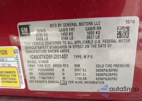2015 GMC Acadia Denali from USA, damaged, VIN 1GKKVTKD8FJ201437